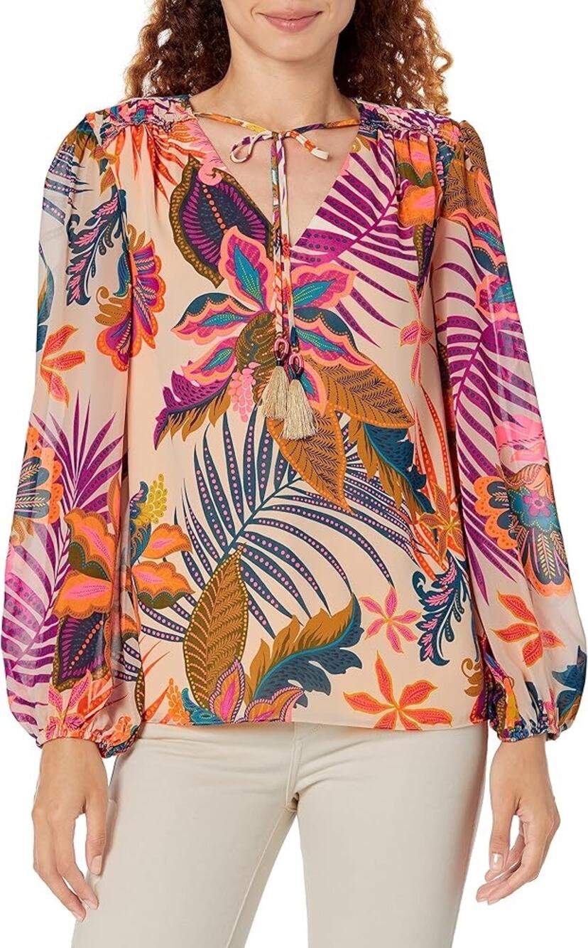 TRINA TURK Watson Top Tropical Floral Blouse Tassel Tie Neck Boho Luxe Medium